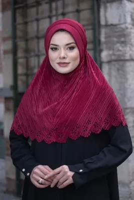 HÜRREM BONE Bordo Pratik Hazır Geçmeli Tesettür Eşarp Fukuro Kumaş Piliseli Çiçek Desenli Lazer Kesim 1829_16