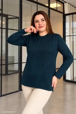 ModaPlaza Kadın Büyük Beden Bisiklet Yaka Soğuk İp Triko Anne Kazak