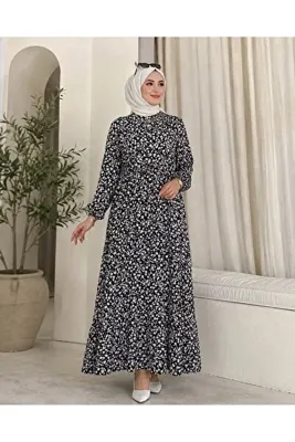 HANEDAN TESETTÜR HAKİM YAKA YARIM DÜĞMELİ BELİ BAĞLAMALI ÇITIR DESENLİ TESETTÜR VİSKON ELBİSE