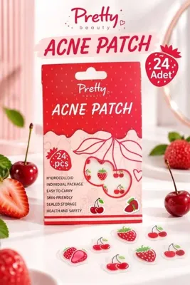 Pretty Beauty Meyve Desenli Bandı Akne Patch Hidrokolloid Yüz Bandı 24 Adet Çilek ve Kiraz Desenli
