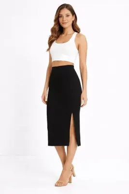 buğlem collection Kadın Yüksek Bel Kaşkorse Kalem Etek Midi Boy Yırtmaçlı Rahat Kalıp Şık Basic