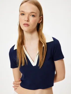 Koton Crop Tişört Polo Yaka Düğmeli Kısa Kollu Biyeli Slim Fit