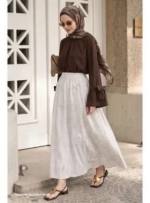 InStyle Fiyonk Detay Beli Lastikli Ekru Etek