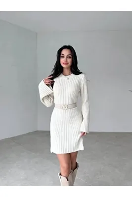 Genel Markalar Kadın Bisiklet Yaka Fitilli Triko Elbise Krem