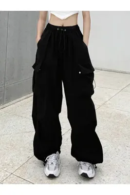 Touz Moda Siyah Tactical Paraşüt Kumaş Kargo Cepli Oversize Unisex Pantolon