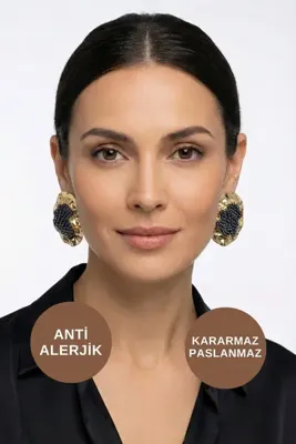 KAYOUBI Kadın Antialerjik Kararmaz Suya Dayanıklı Büyük Lacivert Taneli Gold Çelik Marka Küpe Modelleri