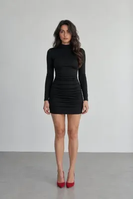 FEWTİNT balıkçı yaka.yanları büzgülü.uzun kol.mini elbise