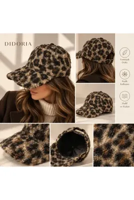 Didoria Accessory Kadın Leopar Desenli Peluş Kep Şapka Kışlık Beyzbol Şapkası - Leopar