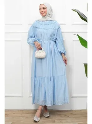 İmaj Butik Bebe Mavi Yaka Fırfırlı Bel Bağlamalı Elbise