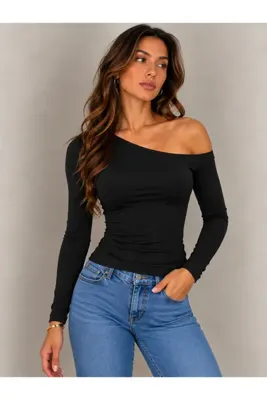 Wildco Siyah Tek Omuz Asimetrik Kayık Yaka Uzun Kollu Bluz, Tek Omuz Siyah Bluz
