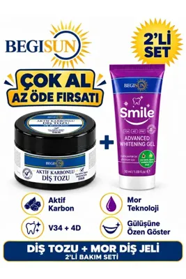 Begisun V34 & 4D Teknolojili İkili Diş Bakım Seti – Mor Diş Macunu 50 ml + Aktif Karbonlu Diş Tozu