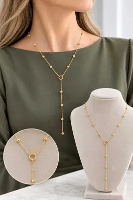 Invictus Design Kadın Gold Minimal Y Model Dorika Boncuklu Kolye - Sallantılı Top Detaylı Dekolte Kolye