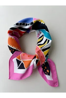 who knows ¿ Pembe Desenli Modal Kadın Fular Bandana 50x50 cm Standart Boy Saç Boyun Çanta Aksesuarı