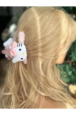 QUEEN AKSESUAR 3d oyuncaklı lüks marka moda Hello kitty kedili peluş tüylü mandal toka kadın çocuk tokası pembe