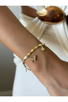 Genel Markalar La’Bien Accessories Çelik Kelebek Figürlü Gold Bileklik Taş Detaylı Ayarlanabilir Kadın Bileklik