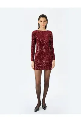 Koton Yuvarlak Yaka Uzun Kollu Slim Fit Mini Pullu Payetli Kalem Elbise