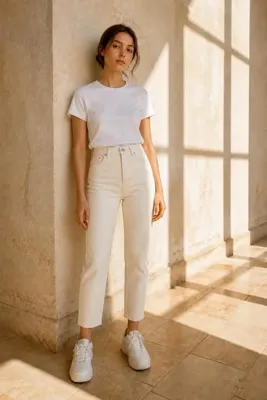 we-rayss Likralı Esnek, Rahat Kalıp Yüksel Bel Dar Paça ( Mom Fit ) Kot Jeans - Krem Renk
