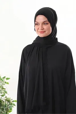 medipek dantelli başörtülü fermuarlı bilekleri lastikli kayma yapmaz namaz elbisesi siyah