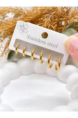 DSTSTORE 316l Çelik Paslanmaz Set Halka Model Gold Renk 6 Adet Kadın Küpe
