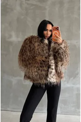 MAESTRO WOMAN Kadın Kahverengi Leopar Desen Premium Kürk