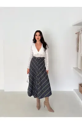 MAİMODA Ekose Desen Kemerli Önden Düğmeli A-Line Maxi Etek