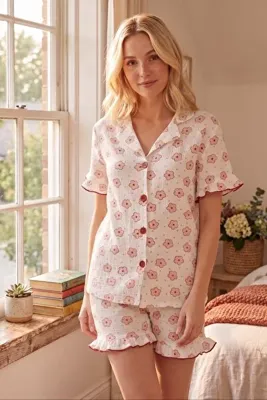 ELİTOL Bürümcük Örme Kısa Kol Kadın Düğmeli Şortlu Takım