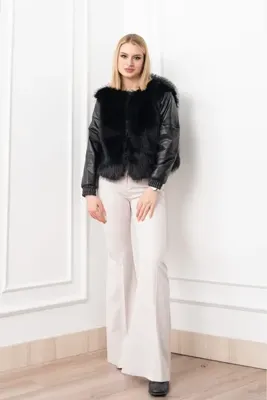 MissVina Kadın Kışlık Siyah Mont Urban Luxe Deri Kollu Peluş Kaban Şık Günlük Rahat 2606