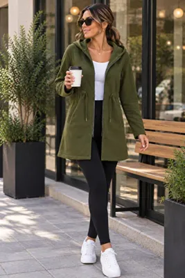 Kokosh moda Kadın Kapüşonlu Belden Büzgülü Cepli Fermuarlı Üç İplik Uzun Ceket