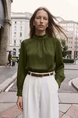Sateen Uzun Kollu Bluz - Yeşil