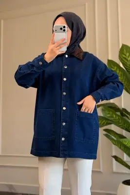 Suede Style 6707 - Şık Rahat Süet Yaka Garnili Uzun Tunik Kot Ceket