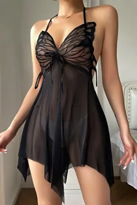 Heleni Kelebek Desenli Transparan Tül Babydoll Seksi Kadın Fantezi Gecelik