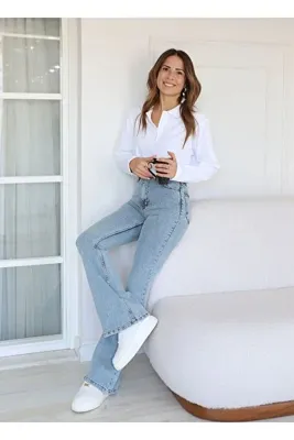 JAXEN Kadın 90's Mavi Kar Yıkama Yüksel Bel İspanyol Paça Flare Jeans Pantolon