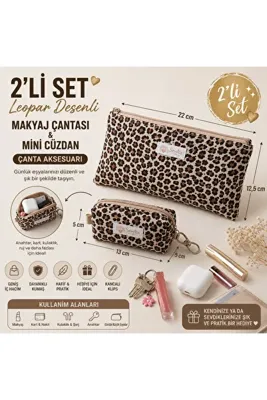 SevAte Handmade 2'li Set Leopar Desenli Makyaj Çantası & Mini Cüzdan | Organizer | Kalemlik
