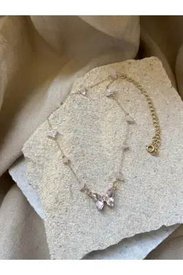 TulipeAtelier Pembe Kuvars Taşlı Kristal Kelebek Kolye