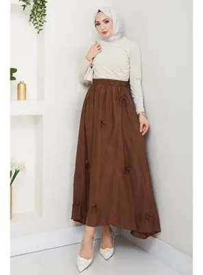 InStyle Fiyonk Detay Beli Lastikli Acı Kahve Etek