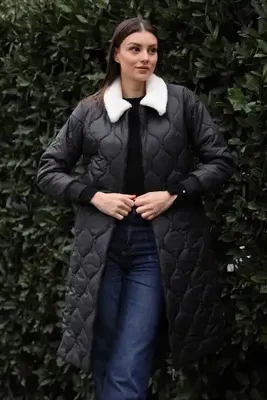 GİYSA Kadın Peluş Yaka Uzun Kapitone Mont - 5183