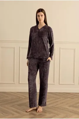 Sevim Kadın Uzun Kol Kadife Mürdüm Pijama Takımı C2T7N081