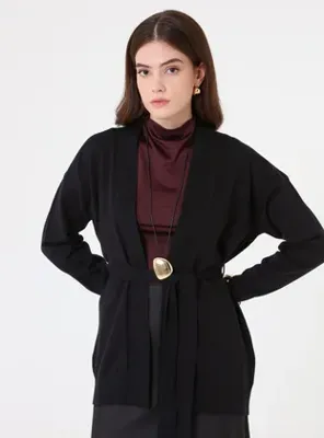 Refka Kemerli Triko Hırka - Siyah - Refka