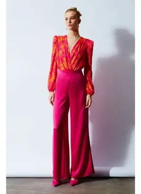 Sateen Yırtmaç Detaylı Saten Pantolon - Fuşya