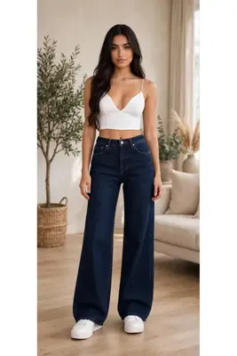 we-rayss Camelia Ikon Gold Salaş Kot Pantolon Mavi Kar Likralı Palazzo
