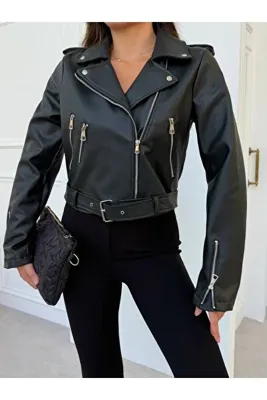 MATTİMODA Kol Fermuar Detaylı Siyah Slim Fit Kadın Deri Ceket