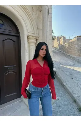 kırmızı butiks Kırmızı Polo Yaka Crop Gömlek