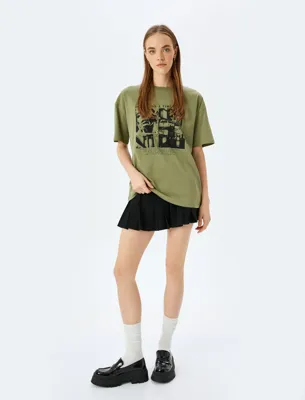 Koton Slogan Baskılı Kısa Kollu Bisiklet Yaka Oversize Tişört