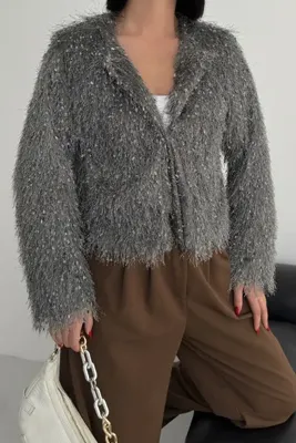 ALFUDO Moda Collection Yakasız İthal Püsküllü Antrasit Kürk Mont