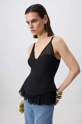 TRENDYOLMİLLA Siyah Tül Detaylı Vücudu Saran Şık Dokuma Bluz TPRSS26BZ00020