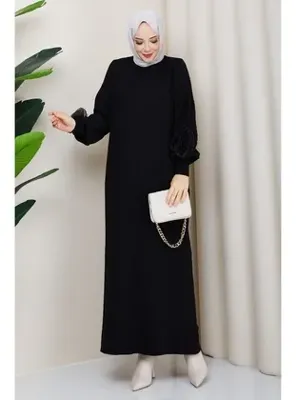 Pamuk Butik Kadın Kolu Gül Detaylı Merserize Triko Elbise -pmk498