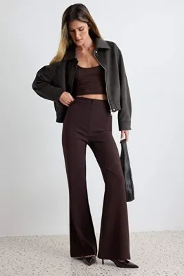 TRENDYOLMİLLA Koyu Kahverengi Flare İspanyol Paça Bootcut  Dokuma Pantolon TOFAW19BB0581