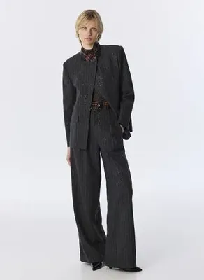 Twist TW6260106132 Antrasit Kadın Kruvaze Çizgili Oversize Blazer
