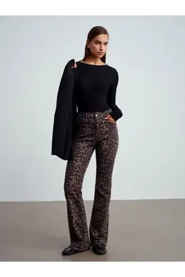 Dilvin 72082 Leopar Desenli Flare Jean-Kahve
