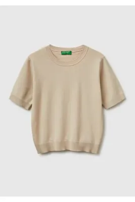 United Colors of Benetton Kadın Taş %100 Pamuk Kısa Kollu Regular Fit Bisiklet Yaka Kazak